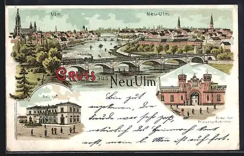 Lithographie Neu-Ulm, Bahnhof, Ortspanorama, Portal der Friedens-Kaserne