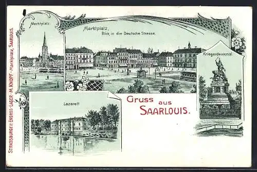 Lithographie Saarlouis, Marktplatz mit Strassenbahn und Deutsche Strasse, Lazarett