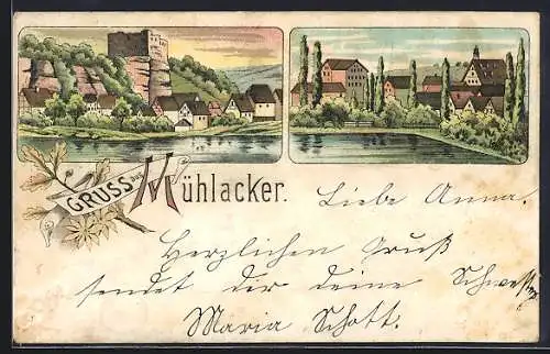 Lithographie Mühlacker, Teilansicht mit Burg, Teilansicht am Wasser