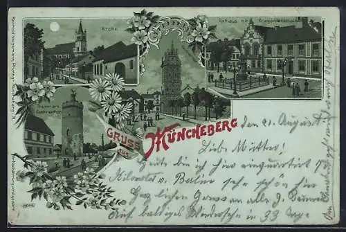 Mondschein-Lithographie Müncheberg, Turm am Cüstrinertor, Berlinertor, Rathaus mit Kriegerdenkmal, Kirche