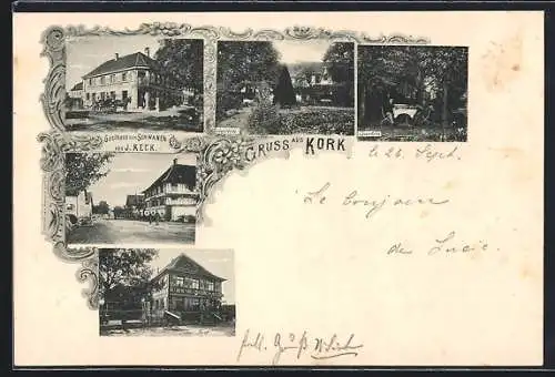 AK Kork, Gasthaus zum Schwanen, Garten, Post