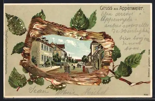 Passepartout-Lithographie Appenweier, Strassenpartie mit Passanten im Zweig mit Blättern