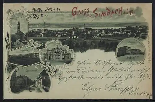 Mondschein-Lithographie Simbach a. Inn, Hauptstrasse, Bahnhof, Innbrücke und Pfarrkirche