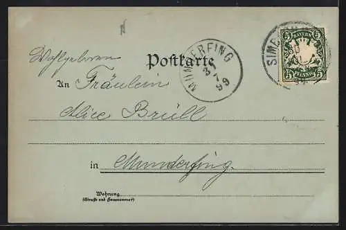 Mondschein-Lithographie Simbach a. Inn, Hauptstrasse, Bahnhof, Innbrücke und Pfarrkirche
