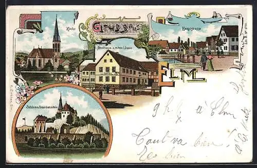 Lithographie Elm / Schlüchtern, Gasthaus zum roten Löwen, Kirche, Schloss Brandenstein