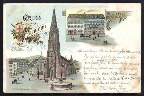 Lithographie Freiburg / Breisgau, Hotel Engel, Kirche