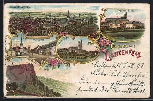 Lithographie Lichtenfels / Main, Panorama, Schloss Banz, Marktplatz, Vierzehnheiligen, Staffelberg