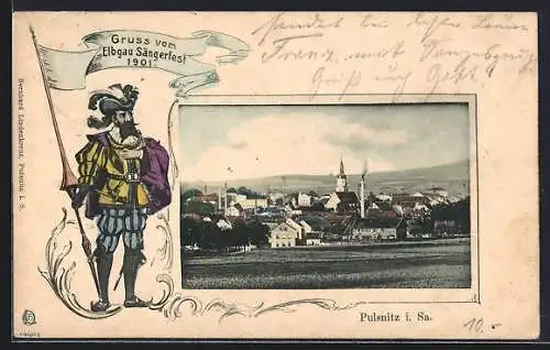 AK Pulsnitz i. Sa., Elbgau Sängerfest 1901, Ortsansicht und Zeremonienmeister