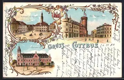 Lithographie Cottbus, Marktplatz mit Rathaus, Spremberger Thor, Postgebäude