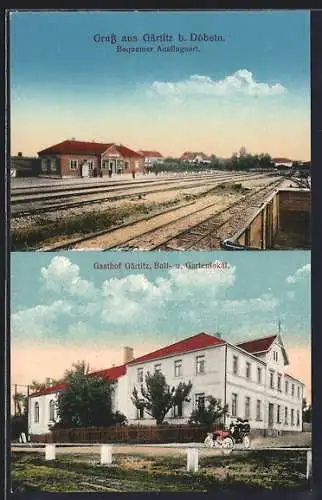 AK Gärtitz b. Döbeln, Gasthof Gärtitz und Auto, Bahnhof