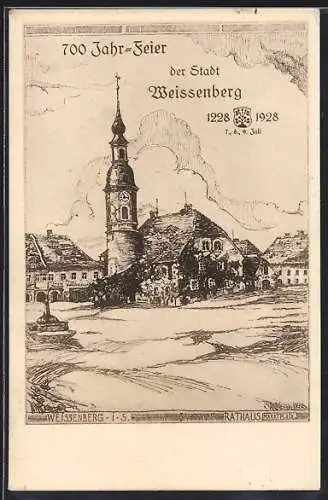 Künstler-AK Weissenberg i. S., 700 Jahr-Feier der Stadt, Marktplatz mit Rathaus