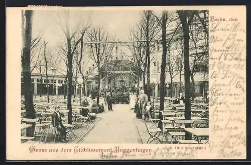 AK Berlin-Kreuzberg, Gasthaus Etablissement Buggenhagen v. Otto Ackermann, Wirtschaftsgarten, Oranienstrasse 147