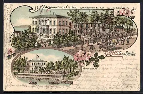 Lithographie Berlin-Tiergarten, J. C. Kistenmacher's Garten, Richard-Wagner-Str. 10, Aussenansicht mit Eingang, Garten