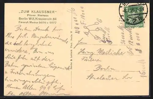 AK Berlin, Gasthaus Zum Klaussner, 50-jähriges Jubiläum, Krausenstrasse 64