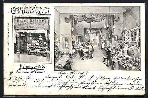 AK Berlin, Conditorei Desca Reichel mit Innenansicht, Leipzigerstrasse 66