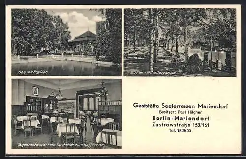 AK Berlin-Mariendorf, Gaststätte Seeterrassen Mariendorf v. Paul Hilgner, Aussen- und Innenansichten, Zastrowstr. 153 /16