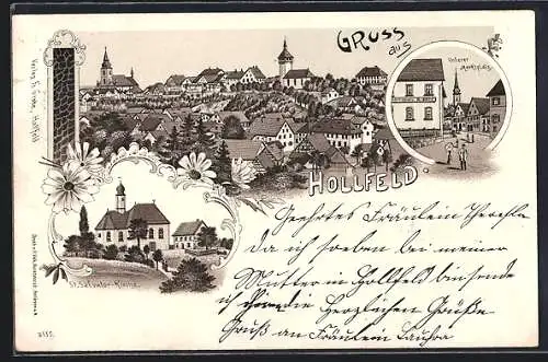 Lithographie Hollfeld, St. Salvator-Kirche, Unterer Marktplatz, Ortsansicht