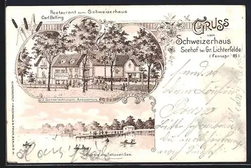 Lithographie Seehof bei Gr. Lichterfelde, Restaurant zum Schweizerhaus v. Carl Belling, Partie am Teltower See