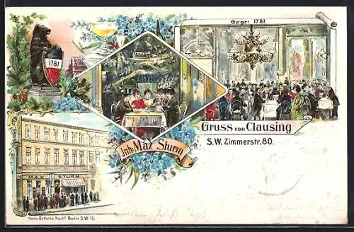 Lithographie Berlin, Gasthaus Clausing v. Max Sturm mit Innenansichten, Zimmerstrasse 80