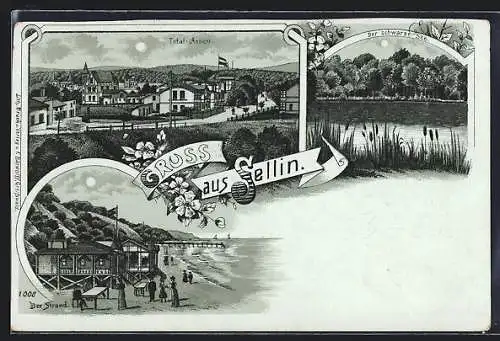 Mondschein-Lithographie Sellin, Strand mit Badehaus, der schwarze See, Totalansicht