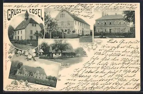 AK Cosel, Gasthof, Kapelle, neue Schule, altes Schulhaus, Königl. Oberförsterei