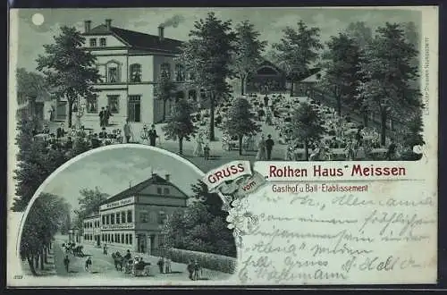 Mondschein-Lithographie Meissen / Elbe, Gasthof - Etablissement Rothes Haus