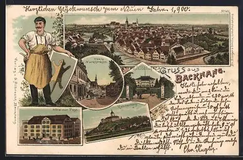 Lithographie Backnang, Hotel zur Post, Obere Marktstrasse, Schloss Kathrinenhof