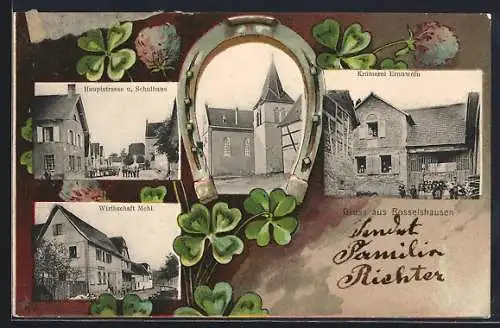 Lithographie Bosselshausen, Krämerei Ernnwein, Gasthaus Mehl, Hauptstrasse und Schulhaus, Kirche, Passepartout