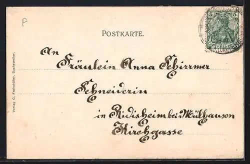 Lithographie Bosselshausen, Krämerei Ernnwein, Gasthaus Mehl, Hauptstrasse und Schulhaus, Kirche, Passepartout