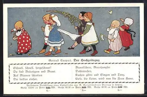 Künstler-AK Gertrud Caspari: Kleine Kinder spielen Hochzeit, Gedicht