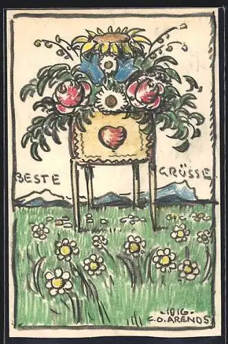 Künstler-AK Handgemalt sign. Carl O. Arends: Beste Grüsse mit Blumen auf Frühlingswiese