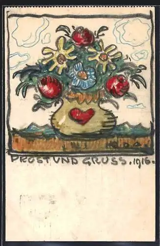 Künstler-AK Handgemalt sign. Carl O. Arends: Prost und Gruss mit buntem Blumenstrauss in einer Vase