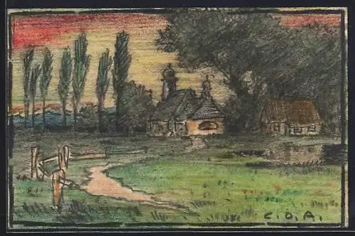 Künstler-AK Handgemalt sign. Carl O. Arends: Kapelle und Haus im Abendrot