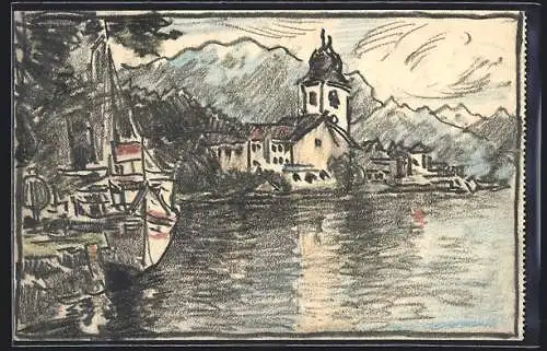 Künstler-AK Handgemalt sign. Carl O. Arends: Ortschaft am Wasser, Boot ankert am Ufer