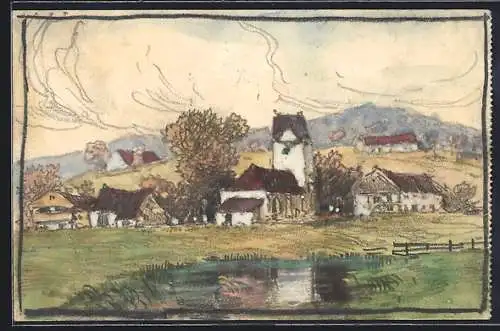 Künstler-AK Handgemalt sign. Carl O. Arends: Blick über einen Teich auf ein Dorf