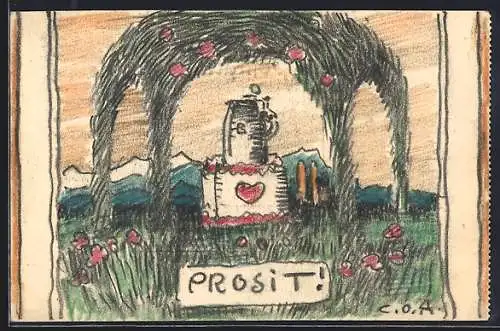Künstler-AK Handgemalt sign. Carl O. Arends: Prosit!, Bierkrug unter grünem Pavillon