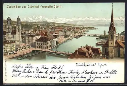 Künstler-AK Künzli Nr. 5014: Zürich, Zürichsee & Glärnisch (Vreneli's Gärtli) Berg mit Gesicht / Berggesichter