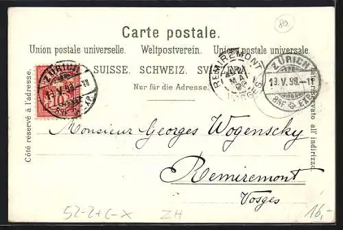 Künstler-AK Künzli Nr. 5013: Zürich, See mit vermenschlichtem Uto, Dampfer, Berggesichter