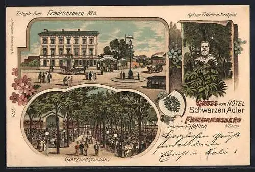 Lithographie Berlin-Lichtenberg, Hotel zum Schwarzen Adler, Frankfurter Chaussee 120, Ecke Gürtelstrasse