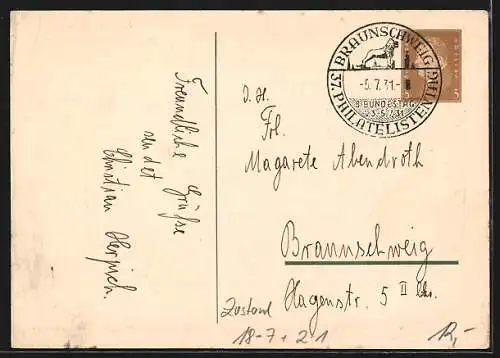 Künstler-AK Braunschweig, 8. Bundestag 37. Philatelistentag 1931, Eulenspiegelbrunnen, Ganzsache