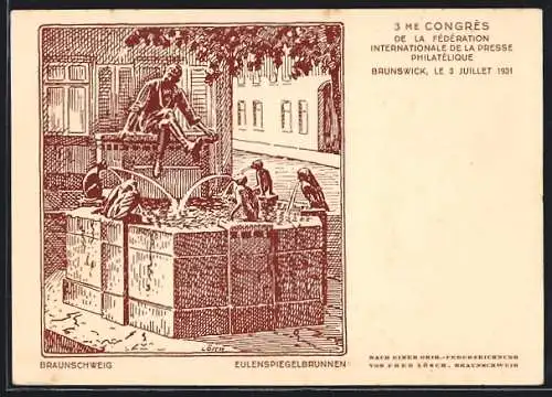 Künstler-AK Braunschweig, 8. Bundestag 37. Philatelistentag 1931, Eulenspiegelbrunnen, Ganzsache