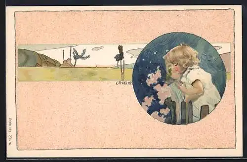 Künstler-AK Gottlieb Theodor Kempf-Hartenkampf: Blondes Mädchen und sommerliche Landschaft, Jugendstil