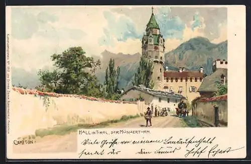 Künstler-Lithographie Edward Theodore Compton: Hall in Tirol, der Münzerturm