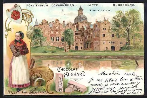 Lithographie Bückeburg /Schaumburg-Lippe, Das Residenzschloss, Reklame für Chocolat Suchard