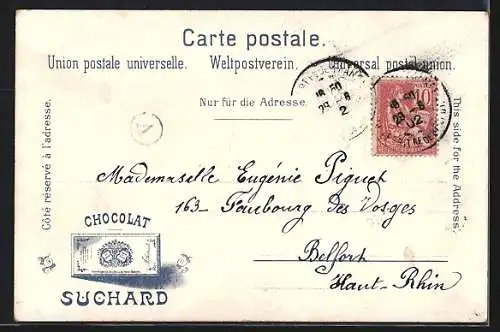 Lithographie Bückeburg /Schaumburg-Lippe, Das Residenzschloss, Reklame für Chocolat Suchard
