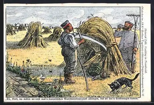 Künstler-AK Heinrich Zille: dt. Soldaten arbeiten bei der Getreideernte auf dem Feld