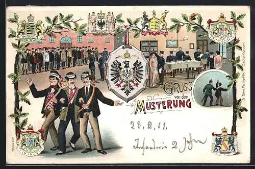 Lithographie Gruss von der Musterung, Messung, Gemusterter mit Kiautschau auf dem Mützenband