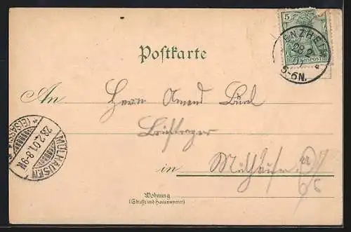 Lithographie Gruss von der Musterung, Messung, Gemusterter mit Kiautschau auf dem Mützenband