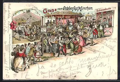 Lithographie Oktoberfest, diverse Motive, Schiessbude, Hau den Lukas