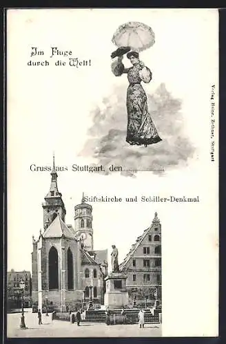 AK Stuttgart, Stiftskirche mit Schillerdenkmal, Fliegende Dame mit Schirm